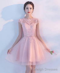 Pink A Line Tulle Lace Short Prom Dress Homecoming Dress 1