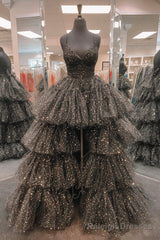 Black Tulle High Low Prom Dress, A-Line Spaghetti Straps Evening Dresses