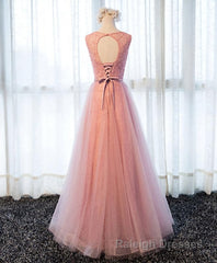 A Line Round Neck Tulle Long Prom Dress, Lace Evening Dress