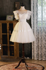 Cute Lace Short A-Line Prom Dress, Champagne Party Dress