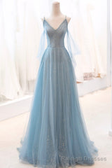 Blue Spaghetti Strap Tulle Long Prom Dress, V-Neck Evening Party Dress