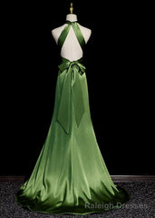 Green Soft Satin Halter Long Evening Dress Party Dress, Green A-line Prom Dress
