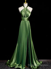 Green Soft Satin Halter Long Evening Dress Party Dress, Green A-line Prom Dress