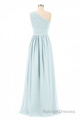 Dusty Blue Chiffon One-Shoulder Banded Waist Bridesmaid Dress