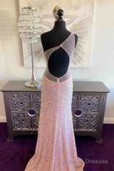 Pink Mermaid One Shoulder Sequins Keyhole Long Prom Dress with Slit