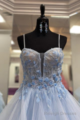 Light Blue Straps Layers Floral A-line Long Prom Dress