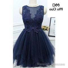 Jewel Sleeveless Appliques Beading A Line Tulle Sheer Pleated Dark Navy Homecoming Dresses