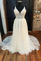White Lace V-Neck Backless A-Line Long Wedding Dress