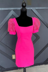 Fuchsia Puff Sleeves Square Neck Sheath Homecoming Dress