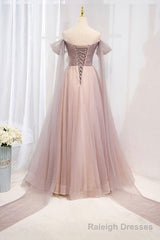 Pink Tulle Beaded Long Prom Dress, Off the Shoulder Evening Dress