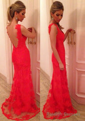 Red Prom Dresses, Sheath/Column V Neck Sleeveless Sweep Train Lace Prom Dress With Appliqued
