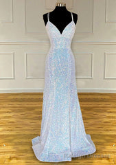Pretty Prom Dresses, Sheath/Column V Neck Spaghetti Straps Sweep Train Sequined Prom Dress With Pleated