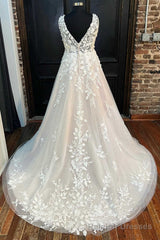 Ivory Appliques V-Neck Backless A-Line Long Wedding Dress