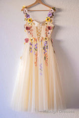 3D Flowers Champagne Tulle Short Prom Dress, Homecoming Dresses Sweet 16 Dress