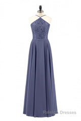 Navy Blue Chiffon Halter Backless A-Line Long Bridesmaid Dress