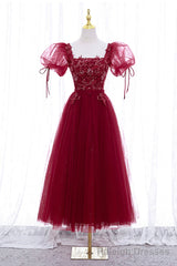 Burgundy Short Sleeve Tulle Tea Length Prom Dress, A-Line Party Dress