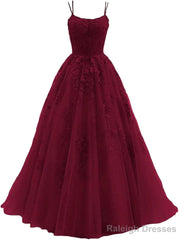Womens Lace Appliques Prom Dresses Long Spaghetti Strap Ball Gowns Tulle Formal Dresses for Party