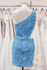 Sky Blue One Shoulder Sequins Sheath Cut-Out Homecoming Dress
