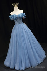 Blue Tulle Beaded Long Prom Dress, Elegant A-Line Blue Evening Dress