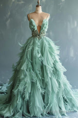 Mint Green A-line Spaghetti Strap Tulle Long Prom Dress, Elegant Evening Dress