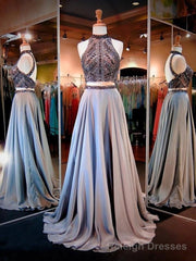 Gray Two Piece Long Prom Dress with Sparkly Beading
