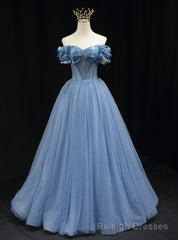 A-line Blue Tulle Off the Shoulder Beading Pleats Prom Dress