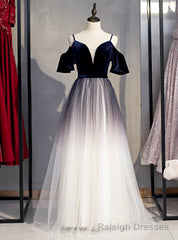 A-Line Blue Velvet Tulle Spagehtti Straps Long Prom Dress