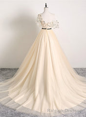 A-line Champagne One Shoulder Prom Dress, Long Party Dress