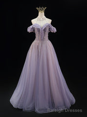A-line Gray Blue Tulle Beading Prom Dress