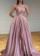 A-line One-Shoulder Sleeveless Sweep Train Satin Prom Dresses With Split Pleated