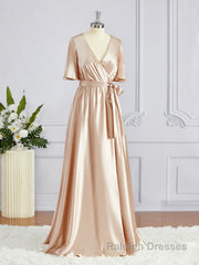 A-Line/Princess V-neck Floor-Length Silk like Satin Bridesmaid Dresses with Belt/Sash