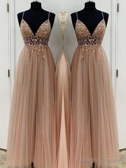 A-Line/Princess V-neck Floor-Length Tulle Prom Dresses With Beading