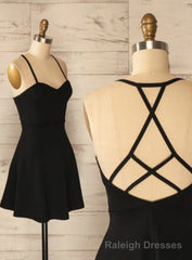 A-Line Spaghetti Criss-Cross Straps Satin Black Homecoming Dress With Pleats