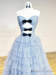 A-Line Sweetheart Neck Polka Dots Tulle Blue Long Prom Dress, Blue Long Formal Dress