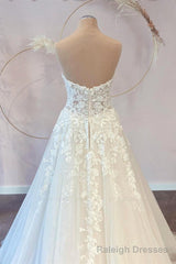 A-Line Sweetheart Strapless Floor-length Sleeveless Backless Appliques Lace Wedding Dress