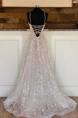 A-Line Tulle Sequins Long Prom Dress, Spaghetti Strap Backless Evening Dress