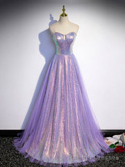 Aline Purple Sweetheart Neck Tulle Long Prom Dress, Purple Evening Dress