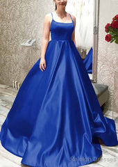 Ball Gown A-line Square Neckline Spaghetti Straps Sweep Train Satin Prom Dresses With Pleated Pockets