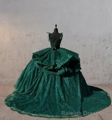 Ball-Gown Lace Emerald Green Glitters Quinceanera Dresses