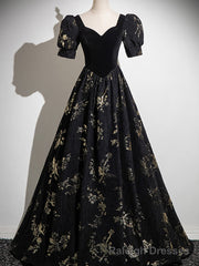 Black A-line Short Sleeves Sweetheart Floral Long PartY Dress, Black Prom Dress