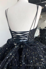 Black A-Line Tulle High Low Prom Dress, V-Neck Evening Party Dress