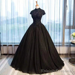 Black Cap Sleeves Long Tulle Party Dress, Black Prom Dress