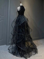 Black Halter Tulle Layers Long Prom Dress with Sequins, Black Party Dress