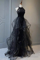 Black Halter Tulle Layers Long Prom Dress with Sequins, Black Party Dress