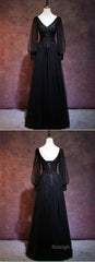 Black Long Sleeves V-neckline Evening Dress, Black Prom Dress