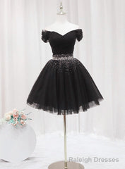 Black Off Shoulder Beaded Tulle Short Prom Dress, Black Homecoming Dress Formal Dress