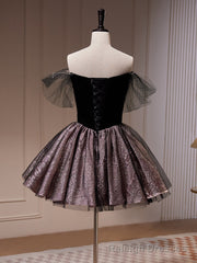 Black Off Shoulder Tulle Short Prom Dress, Black Homecoming Dress