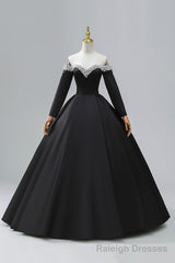 Black Off the Shoulder Pearls Long Sleeve Prom Dress, A-Line Evening Party Dress with Slit