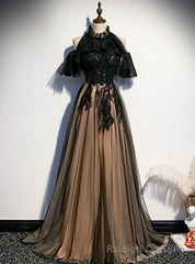 Black Tulle High Neck Beading Backless Prom Dress