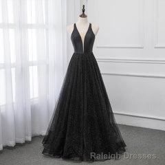 Black V-neckline Tulle and Satin Long Straps Cross Back Prom Dress, Floor Length Evening Dress